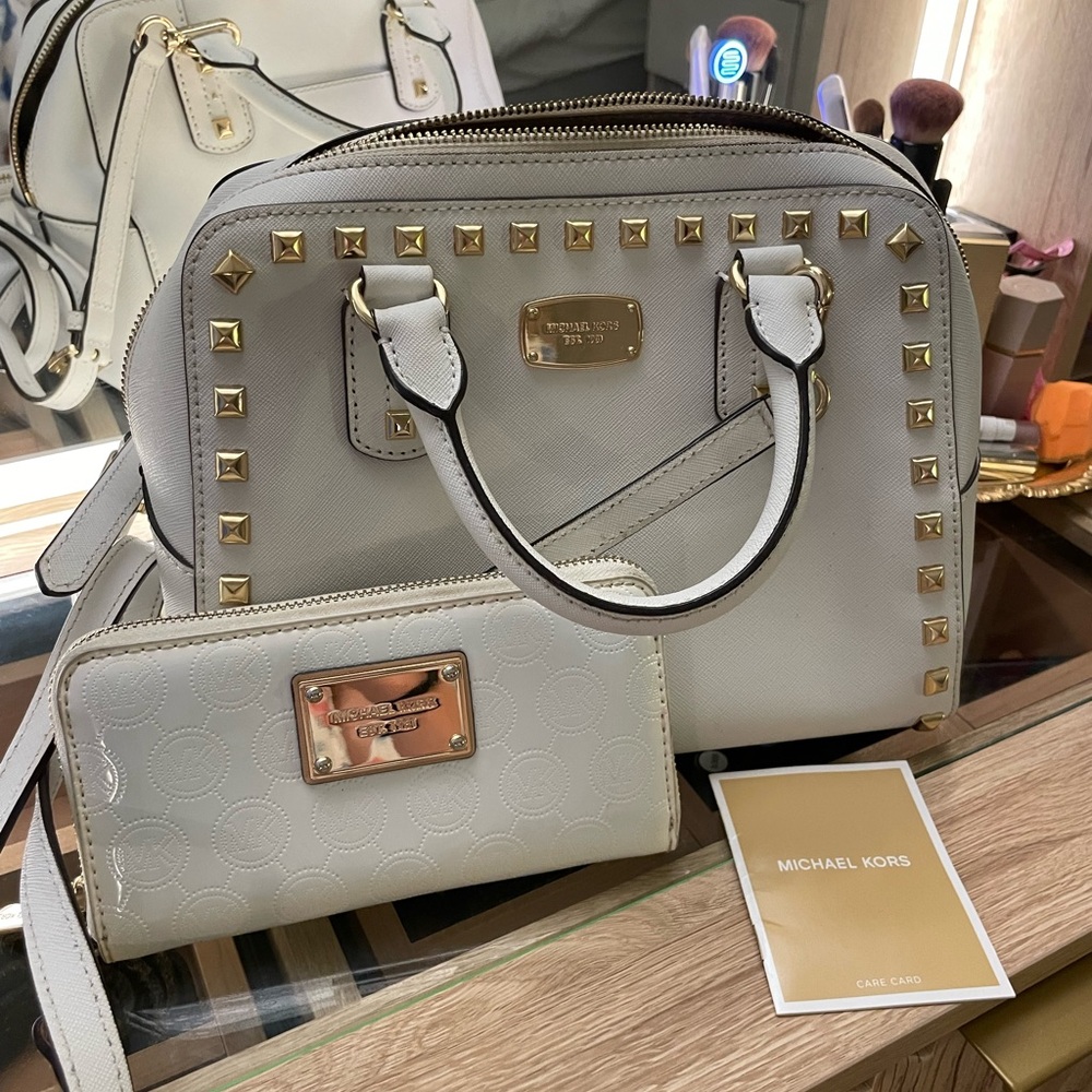 Michael Kors white Studded gold Handbag and Wallet Set